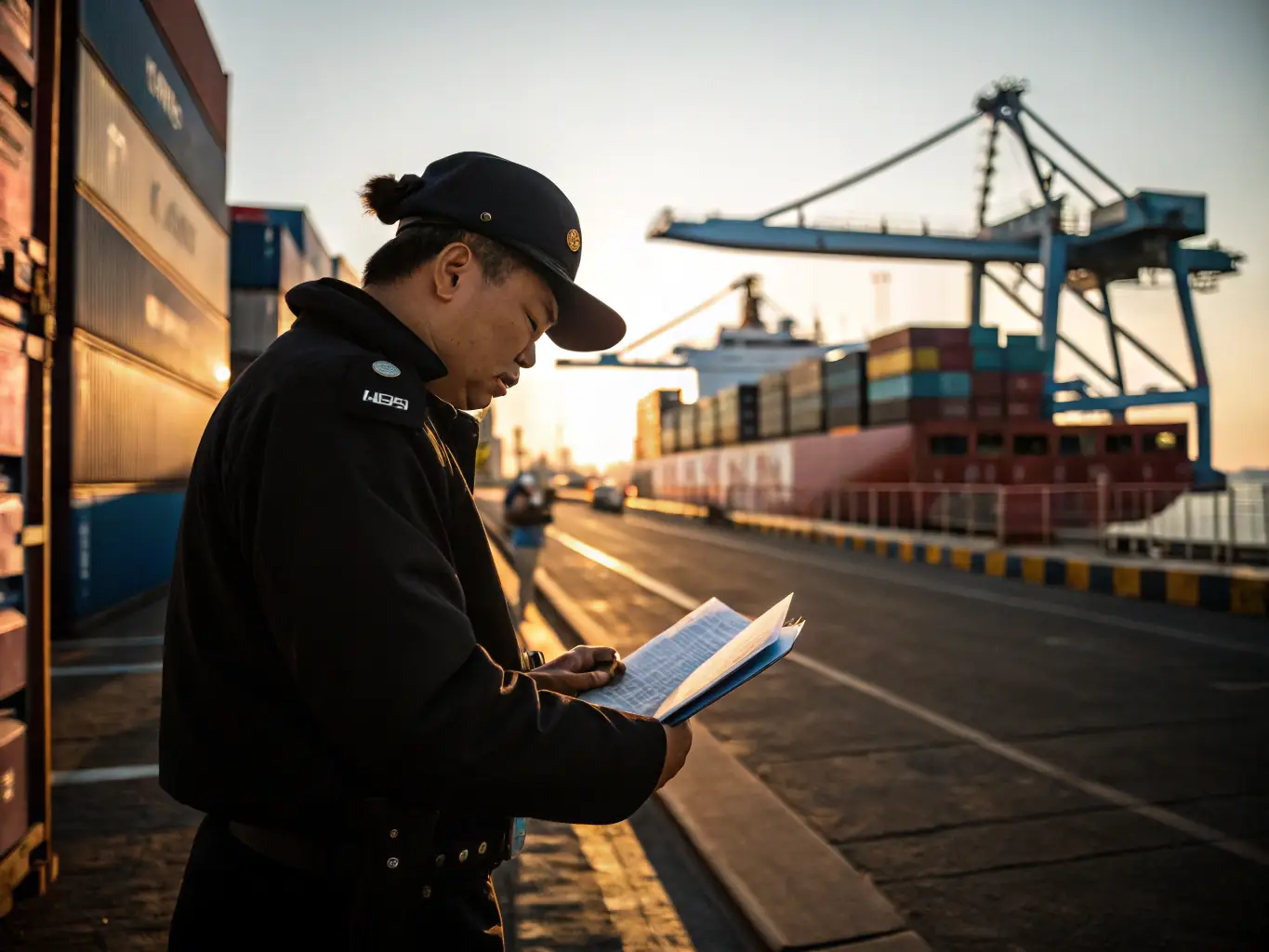 An image of customs officers inspecting vehicles at a port, symbolizing compliance and regulation handling.