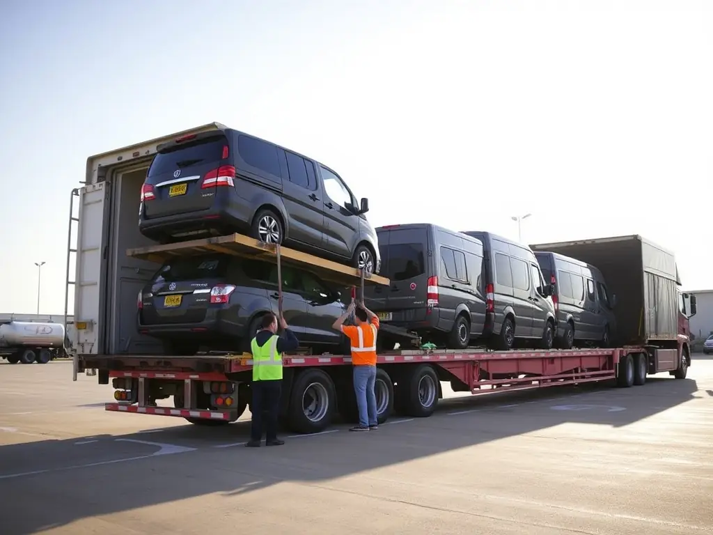 A professional photograph of a diverse selection of vehicles being prepared for international shipment at a modern loading dock, emphasizing the variety and scale of DC SHIPPING's operations.