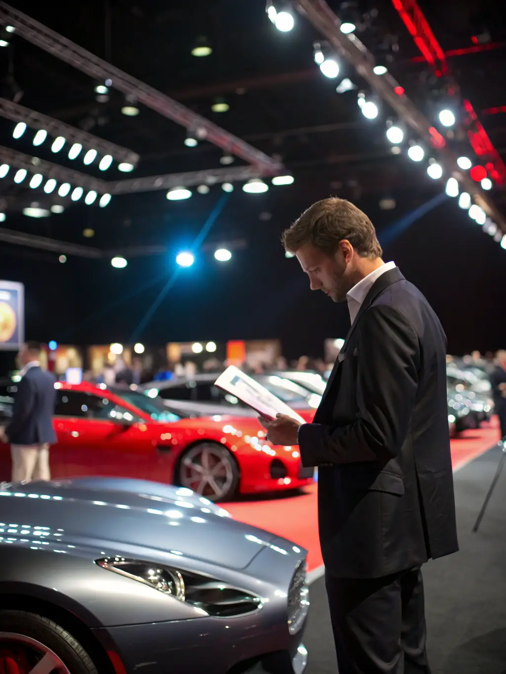A professional photograph of a DC SHIPPING representative inspecting a vehicle at a Dubai car auction, showcasing the vehicle sourcing service.