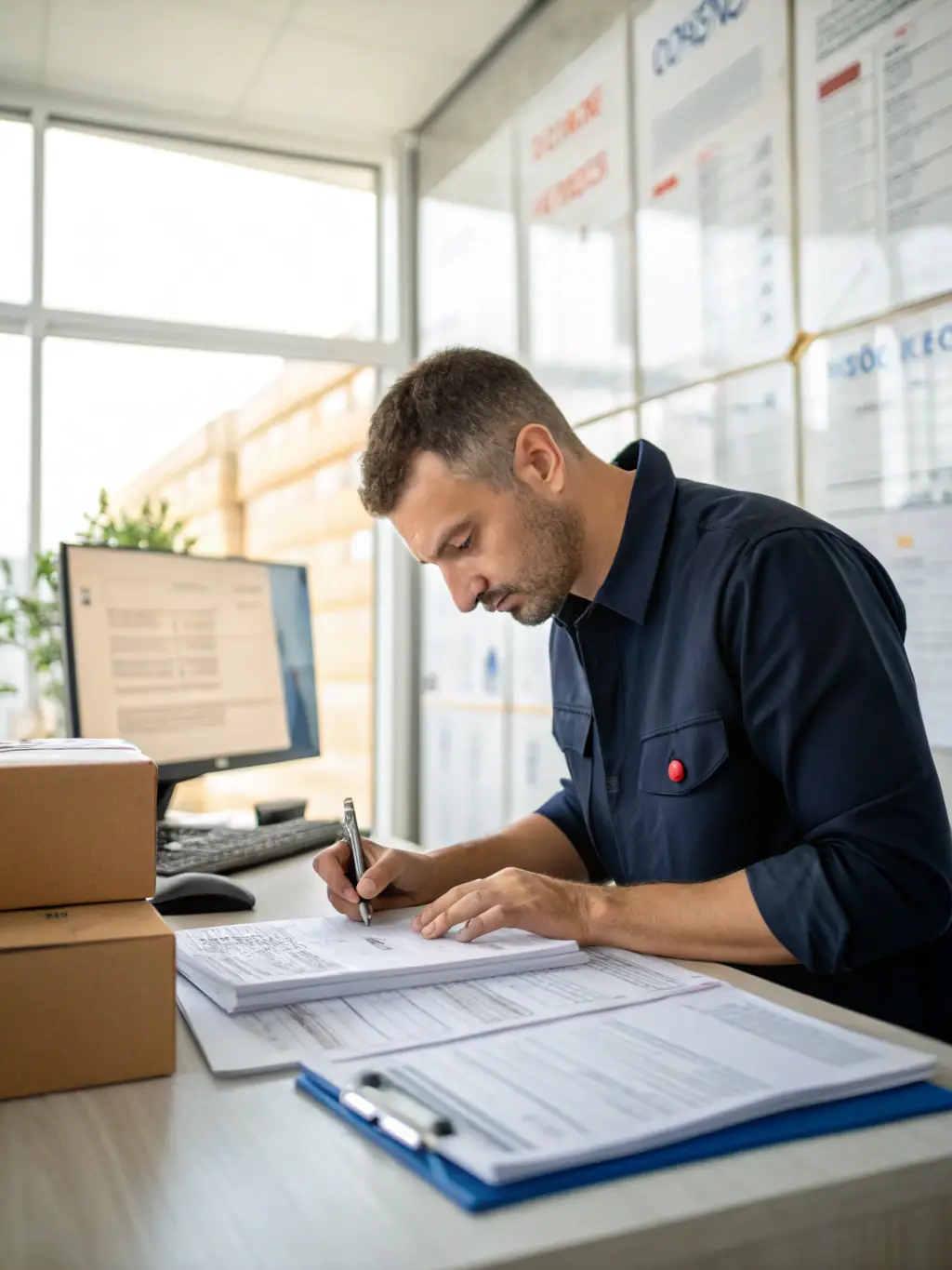 A photograph of DC SHIPPING personnel handling customs documentation at a European port, illustrating the customs clearance process.